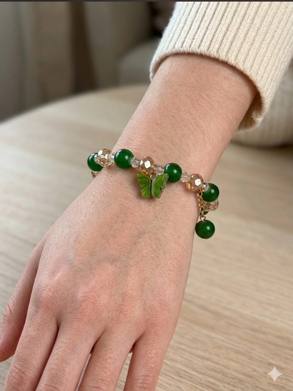 Green Jade and Glass Butterfly Bracelet - Picture 1 of 5